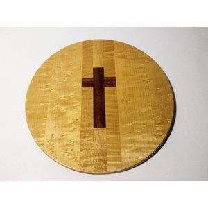Handmade Wood Turned Cross Trivet 9in Round Felt Bottom Vintage Signed Religious